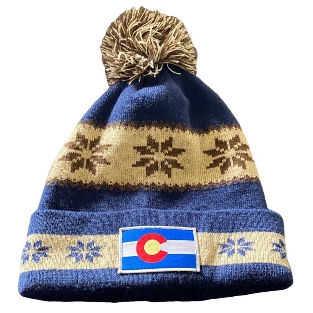 Cirque Blue and Tan Beanie with Colorado Patch. Designed in Vail, CO.